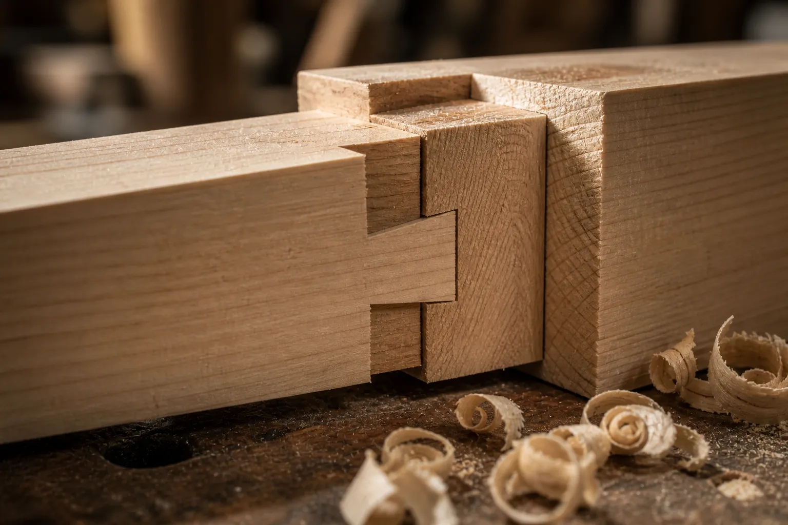 Nahaufnahme einer frisch gezimmerten Schwalbenschwanzverbindung mit Holzspänen (Symbolbild)